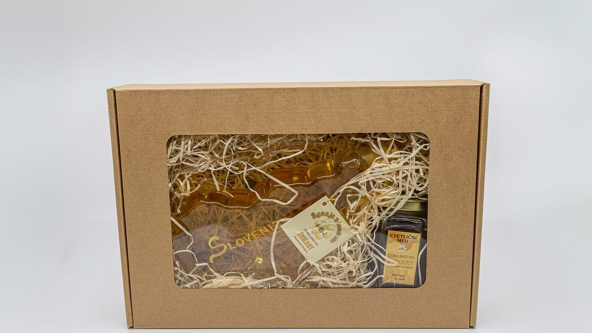 Medeni liker in med v škatli – domače čebelarstvo Žvikart Darilni komplet: medeni liker in med v škatli – Žvikart